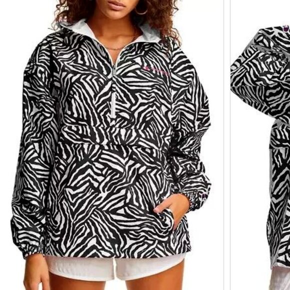 NWT Women's Champion Zebra Print Packable Wind/Rain Jacket with Hood Sz Large - Picture 1 of 9